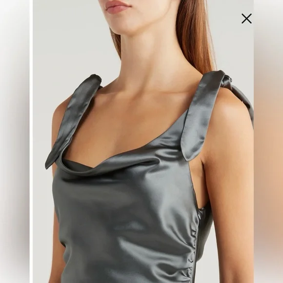 Petal & Pup Olive One-Shoulder Satin Evening Dress - Picture 13 of 16